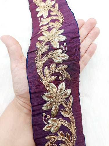 Wine Red Art Silk Fabric Trim With Gold Zari Embroidery, Floral Embroider Trimming, Trim By The Yard